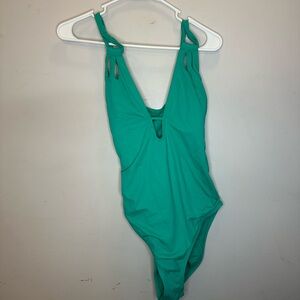 Time and Tru Green One Piece Swimsuit with Plunging Neckline